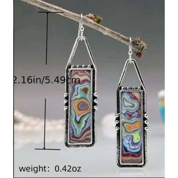 Boho Vintage Spiral Marble Pattern Colorful Stone Drop Earrings - Picture 2 of 3